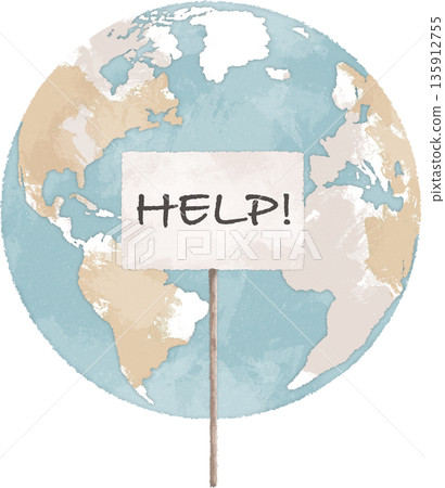 Planet Earth with help sign hand drawn illustration. Climate change concept. Global warming art 135912755