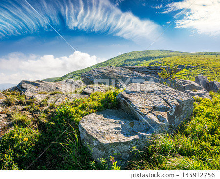 sunny mountain landscape in summer under blue sky. lush green grass and sharp rocks on steep hillside. beautiful view of remote place in carpathian alpine environment sunny mountain landscape in summer under blue sky. lush green grass and sharp rocks on steep hillside. beautiful view of remote place in carpathian alpine environment 135912756