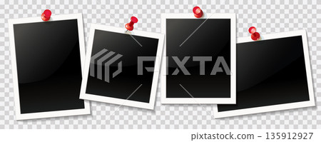 Set of blank photo frames with white borders pinned Set of blank photo frames with white borders pinned 135912927