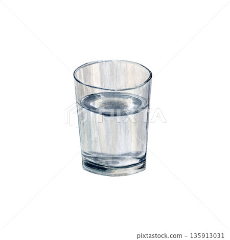 Glass of water isolated on white. Minimal watercolor illustration for Christian design, church graphics, devotional layouts, spiritual reflection content. Simplicity, purity fasting, Lent season 135913031