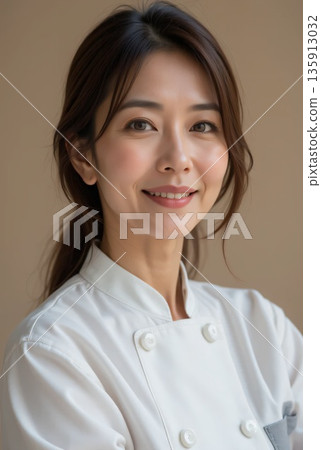 A middle-aged female chef wearing a chef's coat 135913032