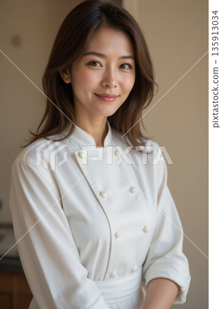 A middle-aged female chef wearing a chef's coat 135913034