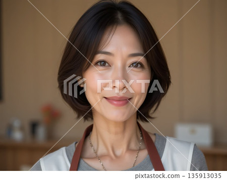 A woman working at a cafe wearing an apron 135913035