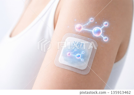 Hrt patch medical hologram arm skin hormone therapy medication health care female adhesive molecule hrt patch medical hologram female arm showing glowing hormone molecule symbol for modern health 135913462