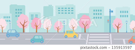 Cherry blossom trees and cityscape banner background illustration 135913597
