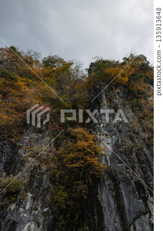 Japan, Taishaku Gorge in Tojo-cho, Shobara City, Hiroshima Prefecture: Cliffs and autumn leaves along the Taishaku River in Kami-Taishaku Japan, Taishaku Gorge in Tojo-cho, Shobara City, Hiroshima Prefecture: Cliffs and autumn leaves along the Taishaku River in Kami-Taishaku 135913648