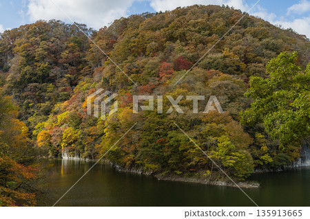 Taishakukyo Gorge in Tojocho, Shobara City, Hiroshima Prefecture, Japan. Lake Shinryu, a dam lake, and autumn foliage. Taishakukyo Gorge in Tojocho, Shobara City, Hiroshima Prefecture, Japan. Lake Shinryu, a dam lake, and autumn foliage. 135913665