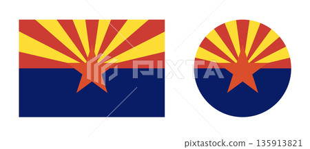 Arizona circle, rectangle flag icons. Set of round, rectangular badges flag of Arizona. State of the USA flag. 135913821