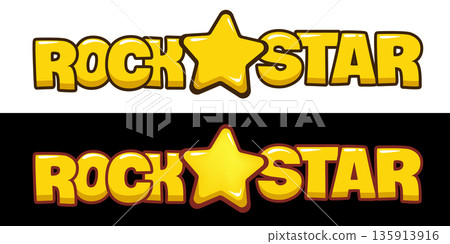Rockstar cartoon label with golden star on white and black background, comic style 3D text sticker for gaming and music design vector 135913916