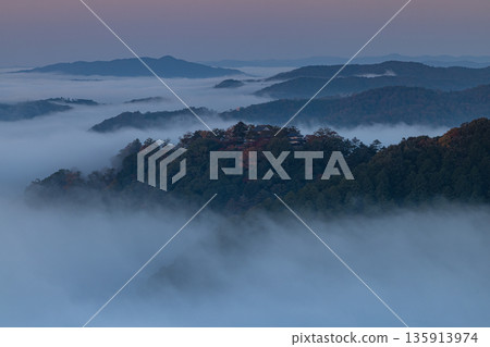 Bitchu Matsuyama Castle floating in a sea of clouds in the early morning as seen from the Unkai Observatory in Takahashi City, Okayama Prefecture, Japan Bitchu Matsuyama Castle floating in a sea of clouds in the early morning as seen from the Unkai Observatory in Takahashi City, Okayama Prefecture, Japan 135913974
