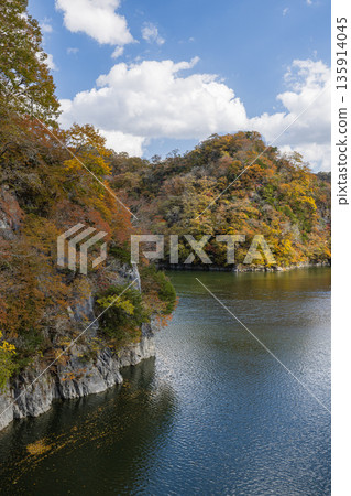 日本廣島縣莊原市東城町大石峽。神龍湖（水庫）和秋葉。 135914045