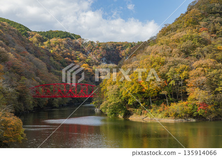 日本廣島縣莊原市東城町的帝尺峽。橫跨流入神龍湖的帝尺川的神龍橋,以及秋葉。 日本廣島縣莊原市東城町的帝尺峽。橫跨流入神龍湖的帝尺川的神龍橋,以及秋葉。 135914066