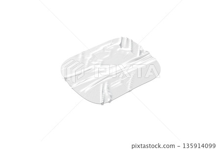 Blank white square adhesive crumpled tape mockup, png, transparent background 3d rendering. Empty sticky attached tape for fix mock up, cut out. Clear wrinkly sticking tag with film material template. 135914099