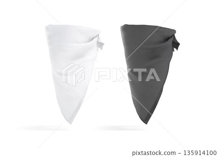 Blank black and white bandana neck wrap mockup png, transparent background, 3d rendering. Empty knot buff band for western clothing mock up, cut out. Clear fabric wrap balaclava headscarf template. 135914100