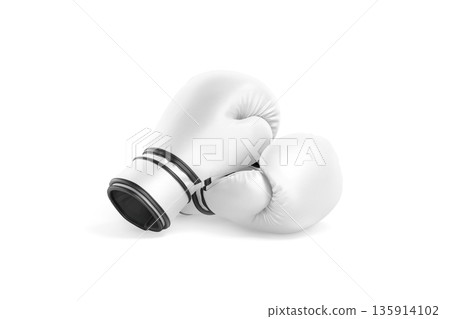 Blank white boxing gloves pair mockup lying, png, transparent background, 3d rendering. Empty sporting goods for professional boxer mock up, cut out. Clear fighting hand mittens uniform template. 135914102