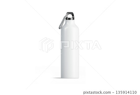 Blank white sport bottle mock up side view, png, transparent background, 3d rendering. Empty container for water mockup cut out. Clear metal flask with beverage for bicycle clip template. 135914110