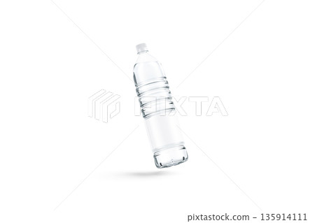 Blank plastic bottle with water mockup, png, transparent background, 3d rendering. Empty disposable liter flask for mineral aqua mock up, cut out. Clear carbonated drink in bottled template. 135914111