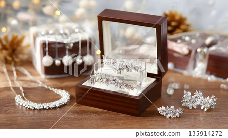 Luxurious crystal hair tiara showcased in an open dark wooden jewelry box, surrounded by sparkling silver accessories, on a festive wooden table setting with decorative arrangement. AI Generated 135914272