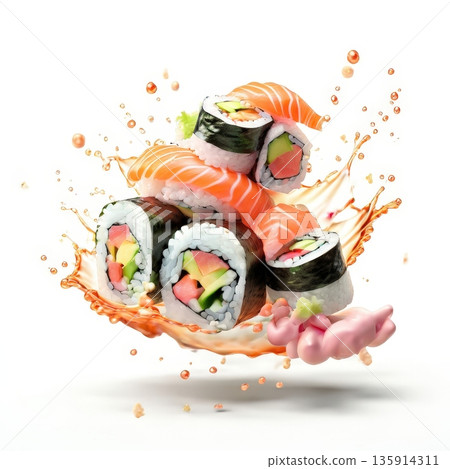 an AI Image Generator, Dynamic Display of Sushi Rolls 135914311