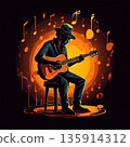 an AI Image Generator, Silhouetted Musician Playing Guitar on Stage with Glowing Musical Notes 135914312