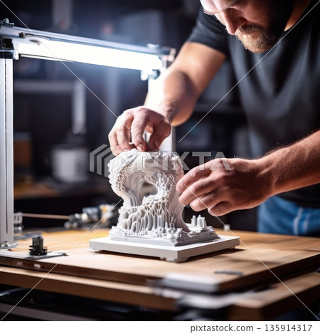an AI Image Generator, Hand Adjusts White Nautilus Shell 3D Printed Model 135914317