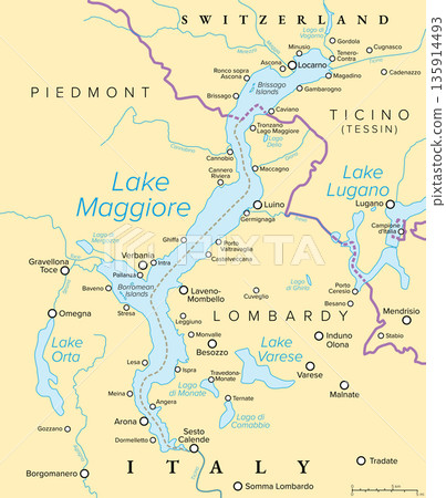 Lake Maggiore, large lake in Italy and Switzerland, political map. Lake situated on the south side of the Alps, divided between Italian regions Piedmont and Lombardy, and Swiss canton Ticino. Vector 135914493