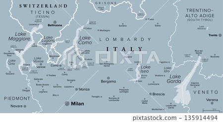 Italian Lakes, Italian Lake District, gray political map. Group of lakes in Northern Italy and partly Switzerland on south side of the Alps. Largest lakes Lake Maggiore, Lake Como, Lake Garda. Vector 135914494