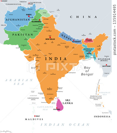 South Asia, multi colored political map. Southern Asia, a subregion of the Asian continent, comprising India, Pakistan, Afghanistan, Nepal, Bhutan, Bangladesh, Sri Lanka, and the Maldives. Vector South Asia, multi colored political map. Southern Asia, a subregion of the Asian continent, comprising India, Pakistan, Afghanistan, Nepal, Bhutan, Bangladesh, Sri Lanka, and the Maldives. Vector 135914495