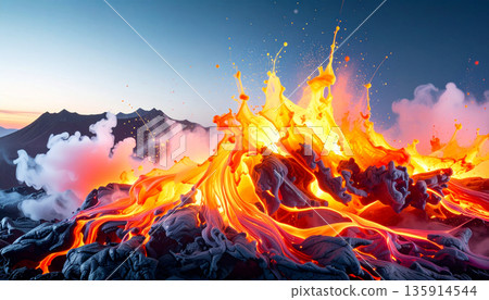 Volcanic Lava Flow Night. Nature Concept. Generated Image 135914544