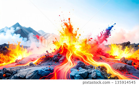 Volcanic Lava Flow Night. Nature Concept. Generated Image 135914545
