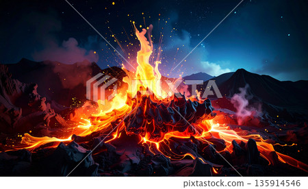 Volcanic Lava Flow Night. Nature Concept. Generated Image 135914546