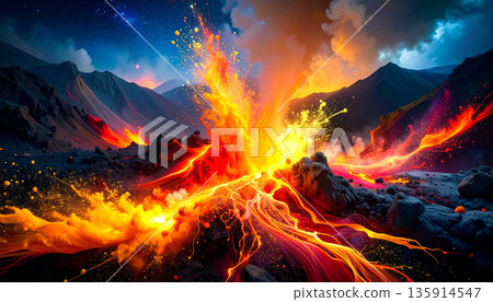 Volcanic Lava Flow Night. Nature Concept. Generated Image 135914547