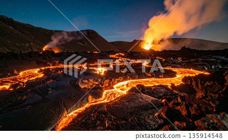 Volcanic Lava Flow Night. Nature Concept. Generated Image 135914548