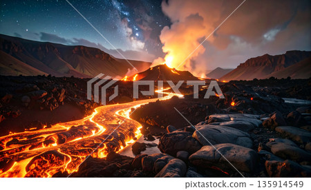 Volcanic Lava Flow Night. Nature Concept. Generated Image Volcanic Lava Flow Night. Nature Concept. Generated Image 135914549