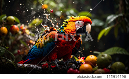 Macaw in Amazon Canopy. Nature Concept. Generated Image Macaw in Amazon Canopy. Nature Concept. Generated Image 135914596