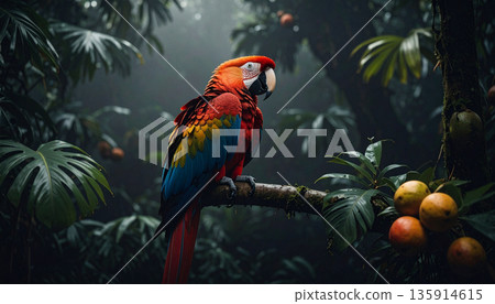 Macaw in Amazon Canopy. Nature Concept. Generated Image Macaw in Amazon Canopy. Nature Concept. Generated Image 135914615