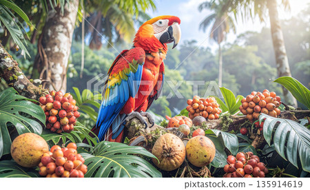Macaw in Amazon Canopy. Nature Concept. Generated Image Macaw in Amazon Canopy. Nature Concept. Generated Image 135914619
