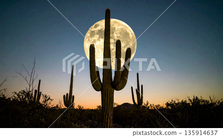 Moonrise Over Desert Cactus . Nature Concept. Generated Image 135914637