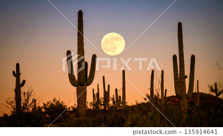 Moonrise Over Desert Cactus . Nature Concept. Generated Image Moonrise Over Desert Cactus . Nature Concept. Generated Image 135914641