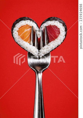 heart-shaped sushi rolls on a fork, generative AI heart-shaped sushi rolls on a fork, generative AI 135914698