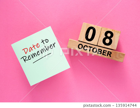 Date October 08 to remember concept with sticky note and wooden calendar Date October 08 to remember concept with sticky note and wooden calendar 135914744
