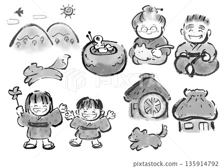 Brush-written Japanese folktale-style Japanese illustration material 135914792