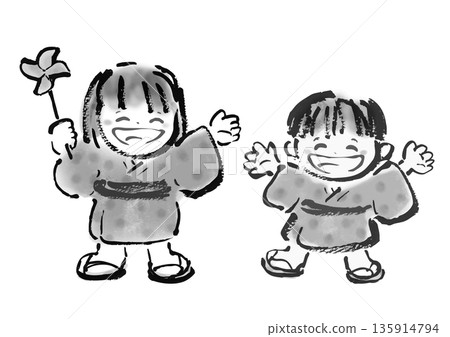 一幅毛筆畫風格的插圖,描繪了一個穿著和服、面帶微笑的孩子,風格類似於日本民間故事。 一幅毛筆畫風格的插圖,描繪了一個穿著和服、面帶微笑的孩子,風格類似於日本民間故事。 135914794