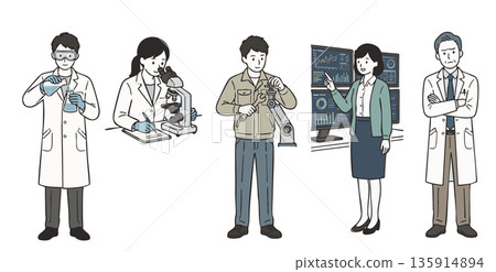 Illustration set of professionals conducting scientific research and development and experiments 135914894