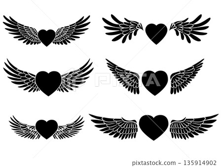 Vector set of black silhouette of hearts with angel wings. Valentines day symbol. Monochrome festive collection of love symbol clip art Vector set of black silhouette of hearts with angel wings. Valentines day symbol. Monochrome festive collection of love symbol clip art 135914902