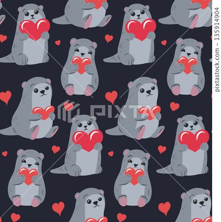 Vector seamless pattern with cute otter with hearts. Pet for Valentine Day. Festive texture of cute naive hand drawn animal 135914904