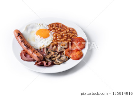Full English breakfast with fried egg, bacon, sausages and beans Full English breakfast with fried egg, bacon, sausages and beans 135914916