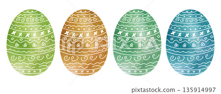 A set of watercolor Easter eggs with decorative designs in green, brown, and blue. A festive decoration for Easter celebrations. Ornamental eggs for spring designs. Isolated background A set of watercolor Easter eggs with decorative designs in green, brown, and blue. A festive decoration for Easter celebrations. Ornamental eggs for spring designs. Isolated background 135914997