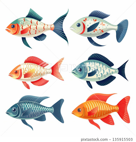 Colorful Fish Collection Vibrant Aquatic Life Illustrations for Creative Projects and Design 135915503