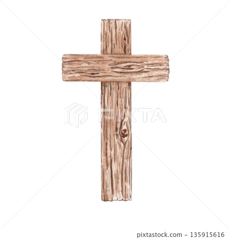 Wooden cross isolated, symbol of faith, sacrifice and spiritual reflection. Minimal watercolor illustration for Christian design, church graphics, devotional layouts and calm religious visual content 135915616